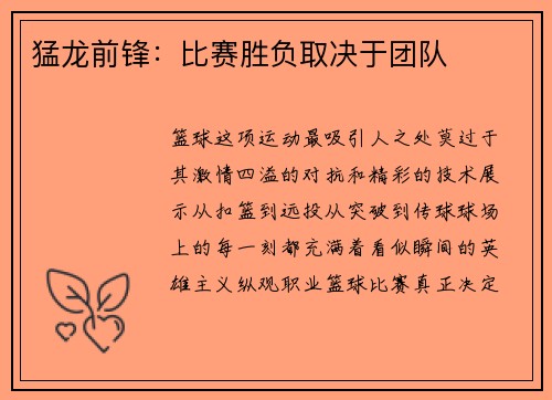 猛龙前锋：比赛胜负取决于团队