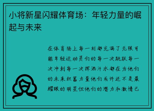 小将新星闪耀体育场：年轻力量的崛起与未来