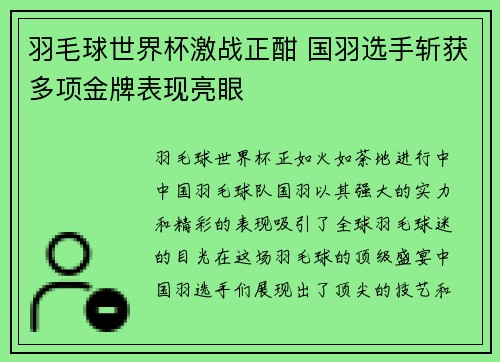 羽毛球世界杯激战正酣 国羽选手斩获多项金牌表现亮眼